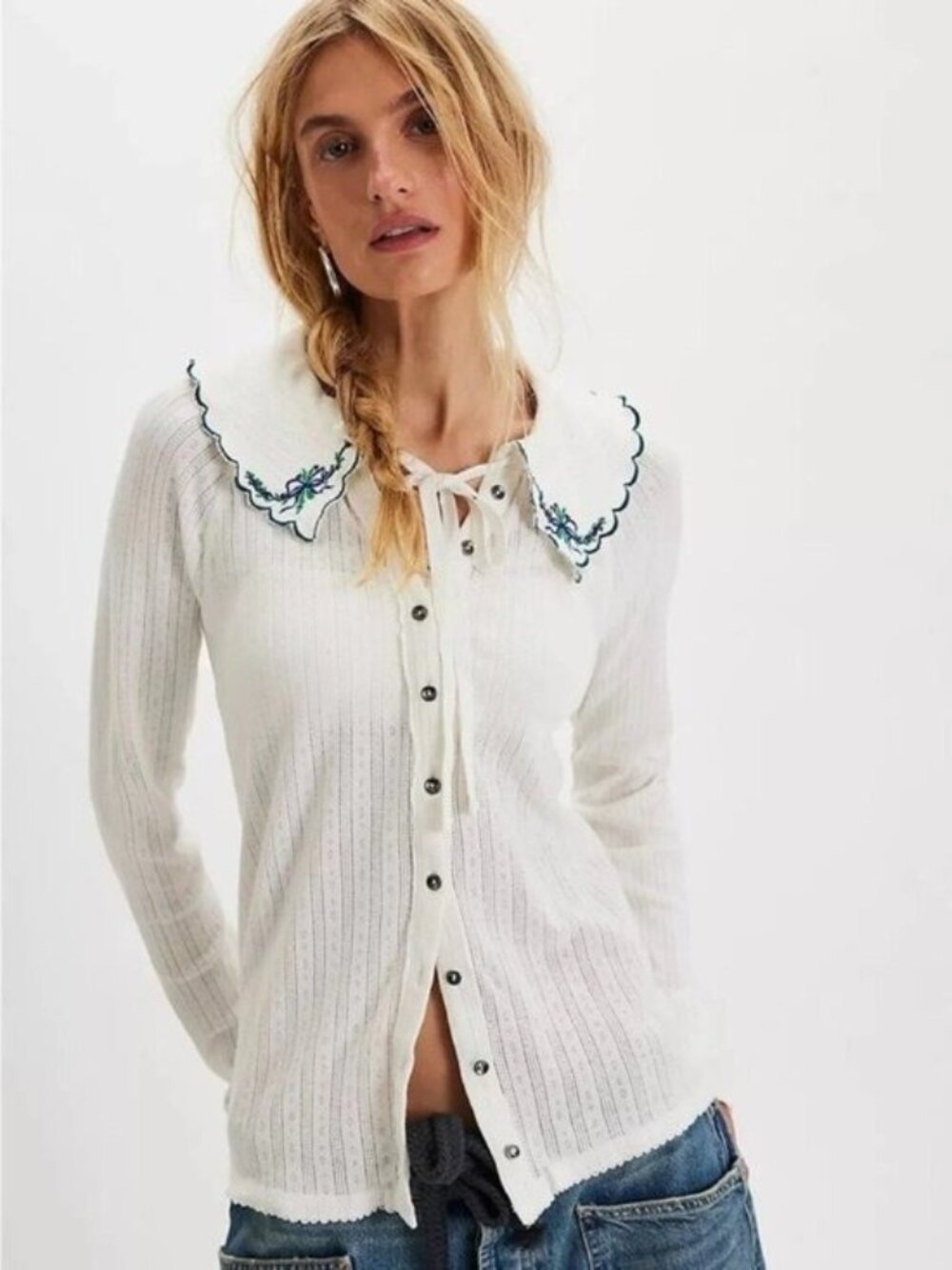 Free People Knit Embroidered Cardigan Cottage Peter Pan Collar Vintage Inspired